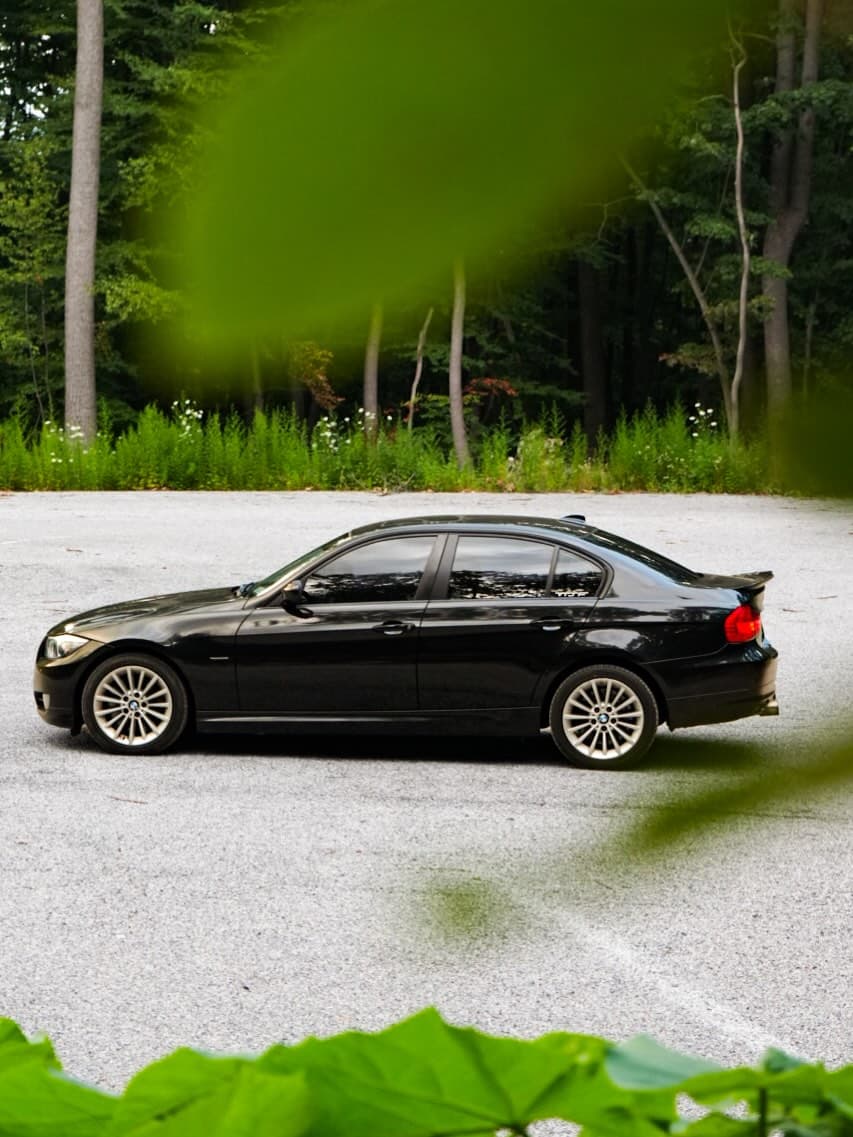 Black BMW E90 in side profile, framed by leaves